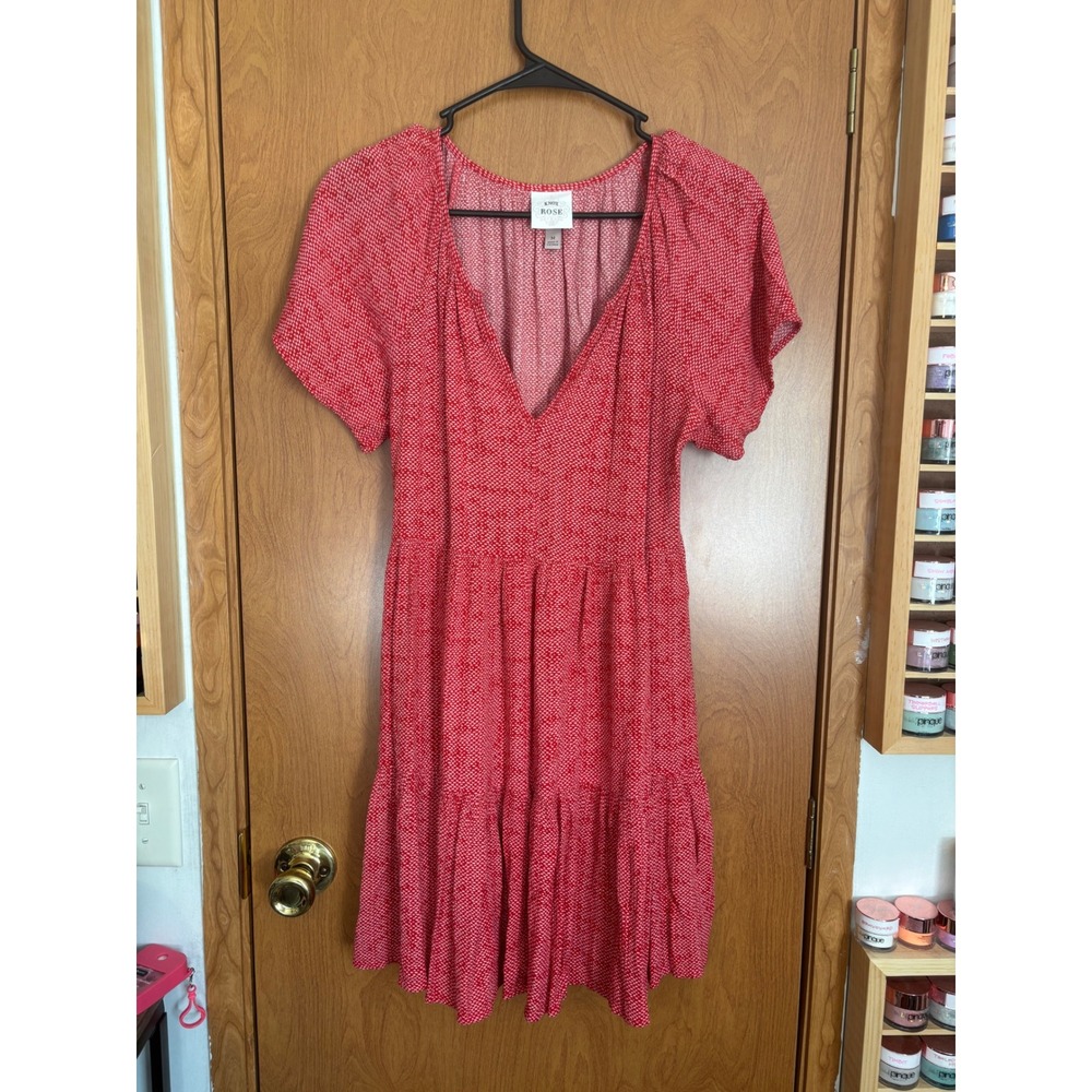 Knox Rose Red White Micro Print Tiered V-Neck Mini Dress Short Sleeve Medium